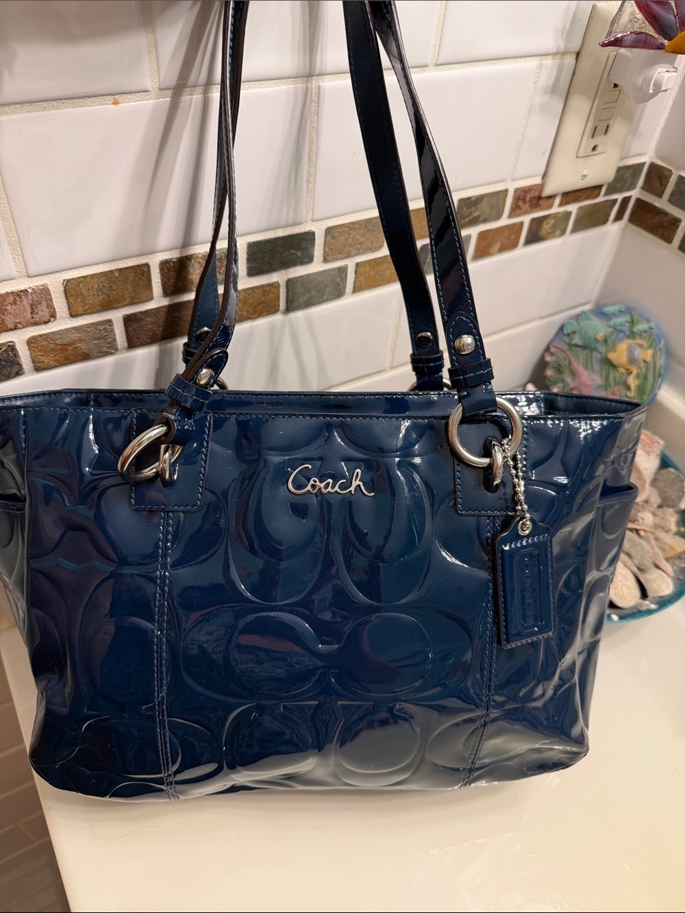 Coach dark teal/blue Patent Leather Tote with Signature Embossing-Like New